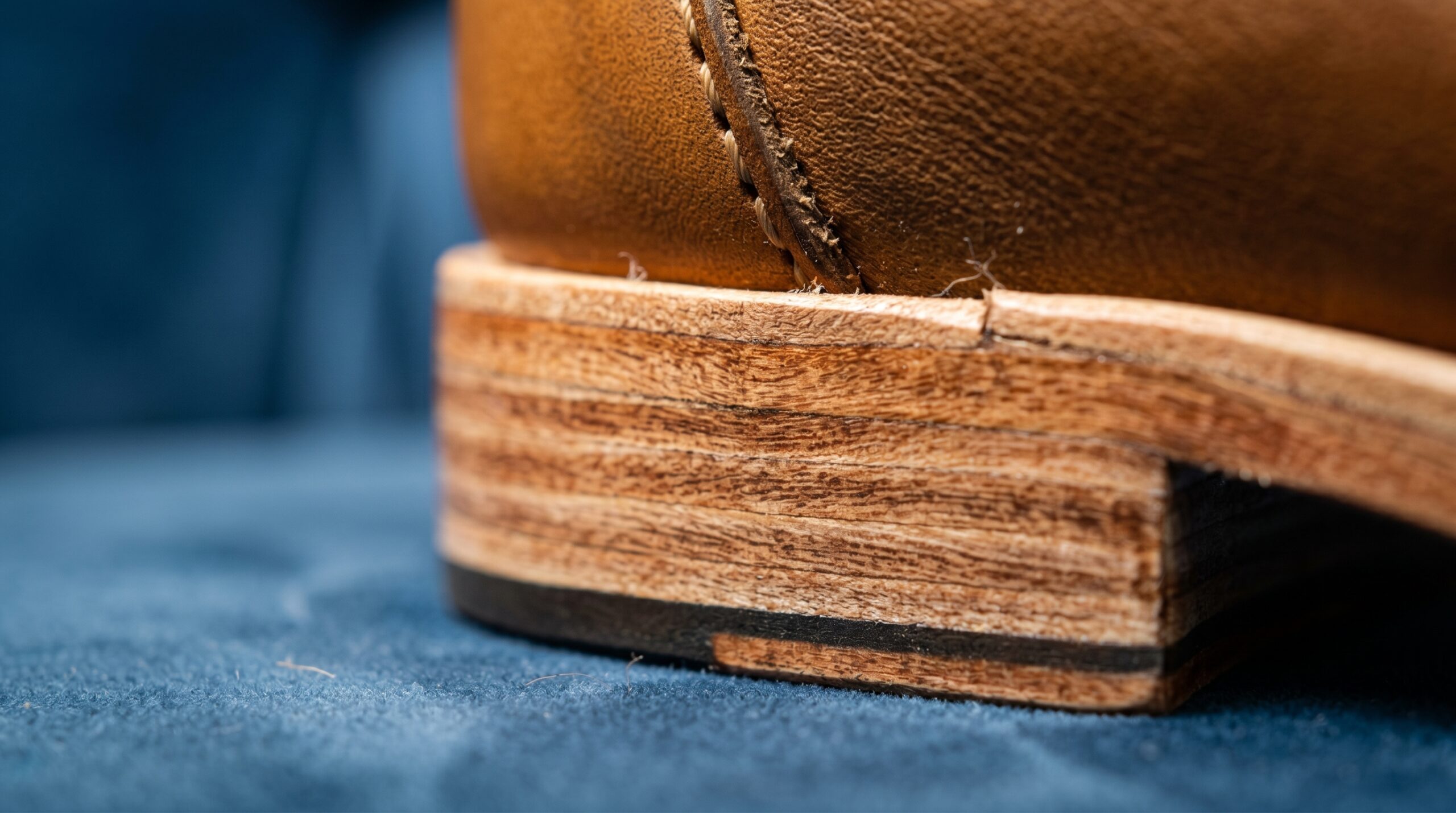 Close detail of the stacked-leather heel and welted sole edge.